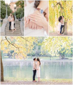 A collage of Boston engagement pictures taken at Boston Public Garden. The top left image shows the couple posing on the steps of the Parkman Bandstand, framed by vintage-style lampposts. The top center features a close-up of their hands, highlighting a diamond engagement ring and a watch. The top right captures the couple sharing a kiss under a tree with cascading yellow leaves. The bottom image shows the couple standing hand-in-hand by the tranquil pond, surrounded by vibrant autumn foliage and reflected greenery. The collage showcases the romantic atmosphere of Boston Public Garden in the fall.