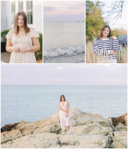 Collage of four senior portraits taken at Sandy Beach in Cohasset, MA. Top left shows the girl in a floral dress; top center is a close-up of gentle beach waves; top right shows her in a striped sweater; and the large bottom image captures her in a pink floral dress standing on coastal rocks. This collage highlights the variety of a Cohasset Beach Photographer session.