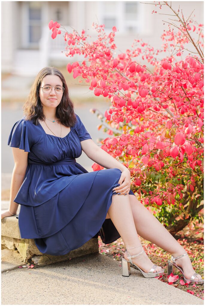 A young woman in a navy blue dress sits on a stone ledge beside a vibrant red bush. She looks at the camera with a neutral expression, with blurred fall foliage in the background in Lynn, MA.