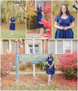 A collage of senior portraits shows a girl in a navy blue dress posing near autumn foliage and in front of Sewell-Anderson School in Lynn, MA. The photos highlight vibrant red and yellow trees, perfect for fall senior pictures.