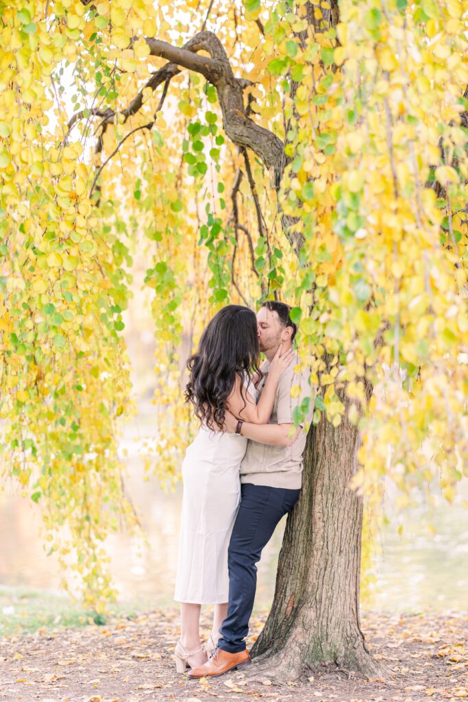 A couple kisses under a yellow-leafed tree in a park. The woman wears a white sleeveless dress and heels, while the man, leaning against the tree, wears a beige shirt and dark pants. Yellow and green leaves frame the scene. Boston Public Garden