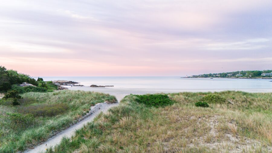 A serene beach landscape at sunset with soft pastel hues in the sky. Sandy dunes with green grass lead toward calm ocean water, with rocky outcroppings and distant homes in the background. Wingaersheek Beach