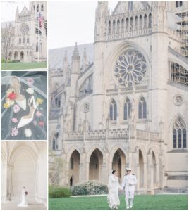 A collage from a Washington National Cathedral wedding featuring the cathedral’s exterior, the couple walking hand-in-hand on the lawn, the bride holding a bouquet in an arched corridor, and white heels on a veil surrounded by colorful flowers.