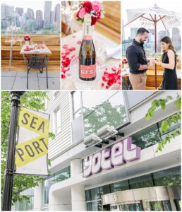 A collage of four images from a Deck 12 Boston proposal: a rooftop table decorated for the proposal, a bottle of Piper-Heidsieck champagne, the man placing the ring on the woman’s finger, and an exterior shot of the YOTEL hotel in Boston’s Seaport district.