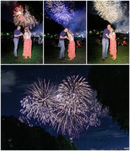 A collage of engagement scenes under fireworks in Boston, a visually stunning example of creative marriage proposal ideas Boston.