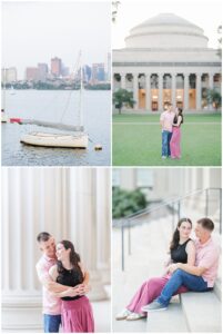 A four-image collage featuring a sailboat on the Charles River, a couple standing on MIT’s lawn in front of the Great Dome, and two moments of the couple embracing near tall columns and sitting on outdoor steps.