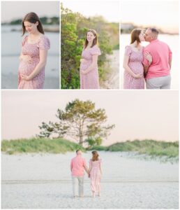 Collage of maternity portraits at Wingaersheek Beach, including solo and couple shots at sunset.