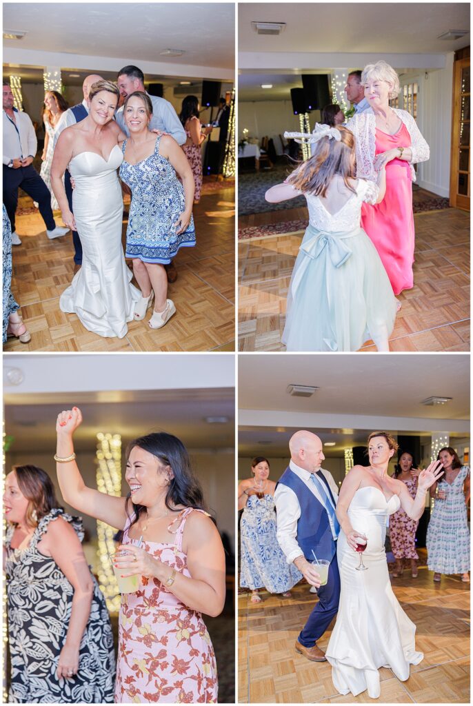 Candid collage of wedding reception dancing, showing the bride, groom, and guests joyfully celebrating on the dance floor, illuminated by warm lights and festive energy, representing the portfolio of a Cape Cod wedding photographer.