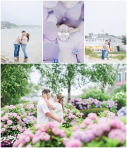 Collage of engagement photos at Chatham Bars Inn featuring couple walking on the beach, close-up of oval diamond ring in purple hydrangeas, and romantic garden portraits
