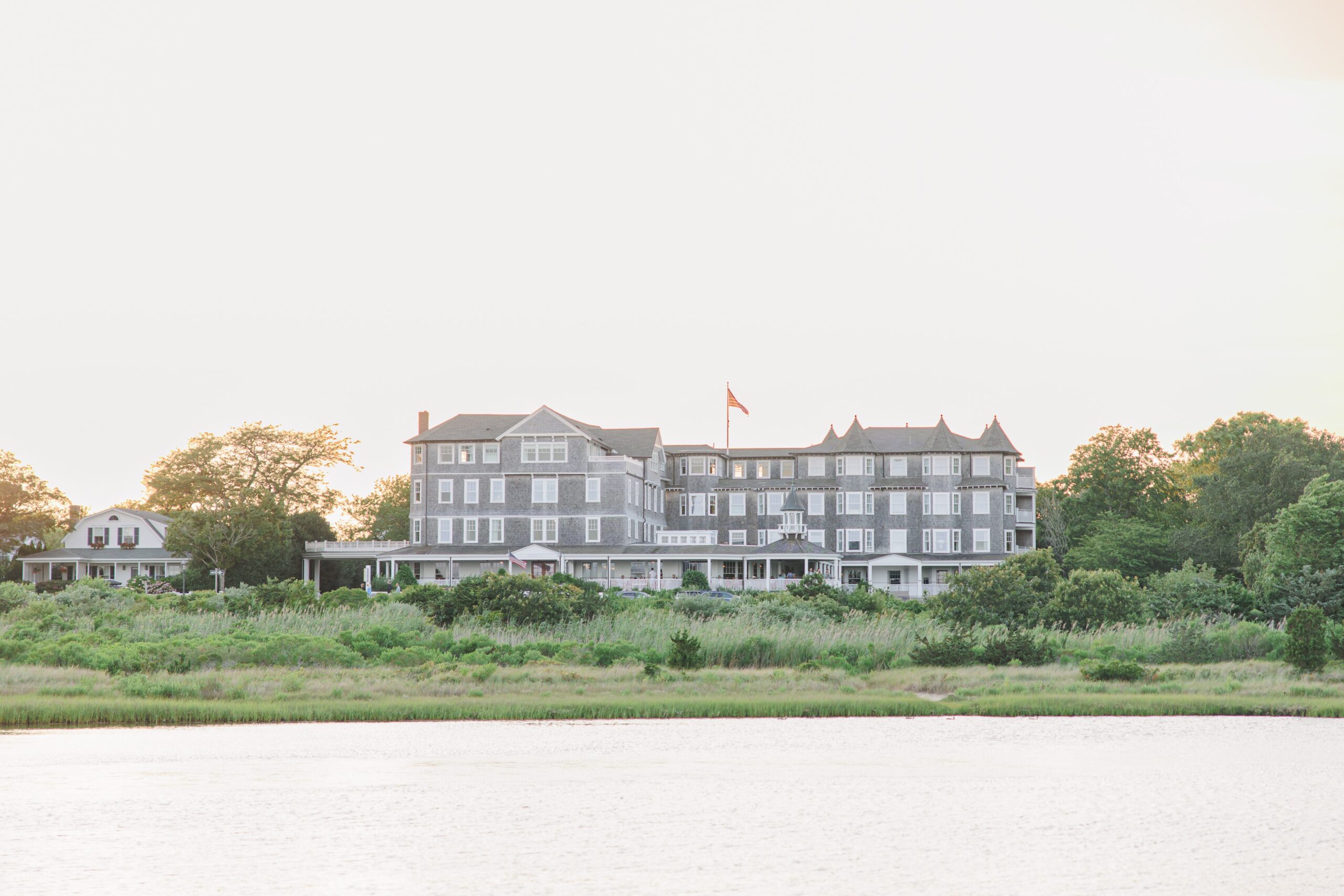 The historic Harbor View Hotel in Edgartown at golden hour, photographed by a Martha’s Vineyard photographer highlighting luxury wedding venues.
