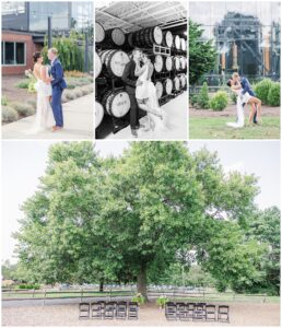 Collage of Boston elopement moments including portraits, barrel room photos, and ceremony seating under a large tree.