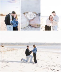 A collage showing a beach proposal. The top row includes three images: a couple kissing on the sand, a close-up of an emerald-cut diamond engagement ring on seashells, and the couple smiling while looking at a ring. The bottom image shows the man kneeling on one knee holding the woman’s hands on the beach.