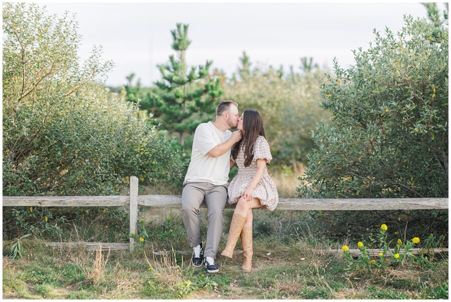 The couple sits on a wooden fence surrounded by green bushes and yellow wildflowers, sharing a kiss.
