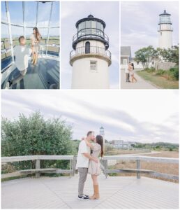 A collage of four photos: the man proposing inside Highland Lighthouse, two close-up views of the lighthouse, and the couple embracing outdoors near the lighthouse.