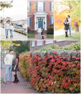 A collage showing highlights from a Newburyport engagement session, including Bartlet Mall’s fall foliage, a historic brick home, red ivy on a stone wall, and a stroll by the waterfront.