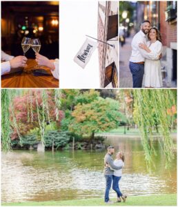 A collage of four photos: the top left shows a toast inside The Street Bar at The Newbury Boston, the top middle features The Newbury Boston’s flag on the side of the building, the top right is a couple smiling in Beacon Hill, and the bottom image shows the couple embracing beside the pond at Boston Public Garden framed by weeping willow branches.