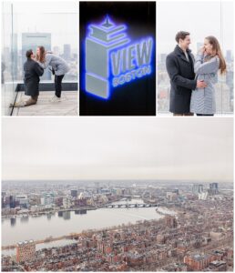 A four-photo collage showing moments from a proposal at View Boston, including the man kneeling, the couple embracing, the View Boston sign, and a wide view of the city and Charles River.