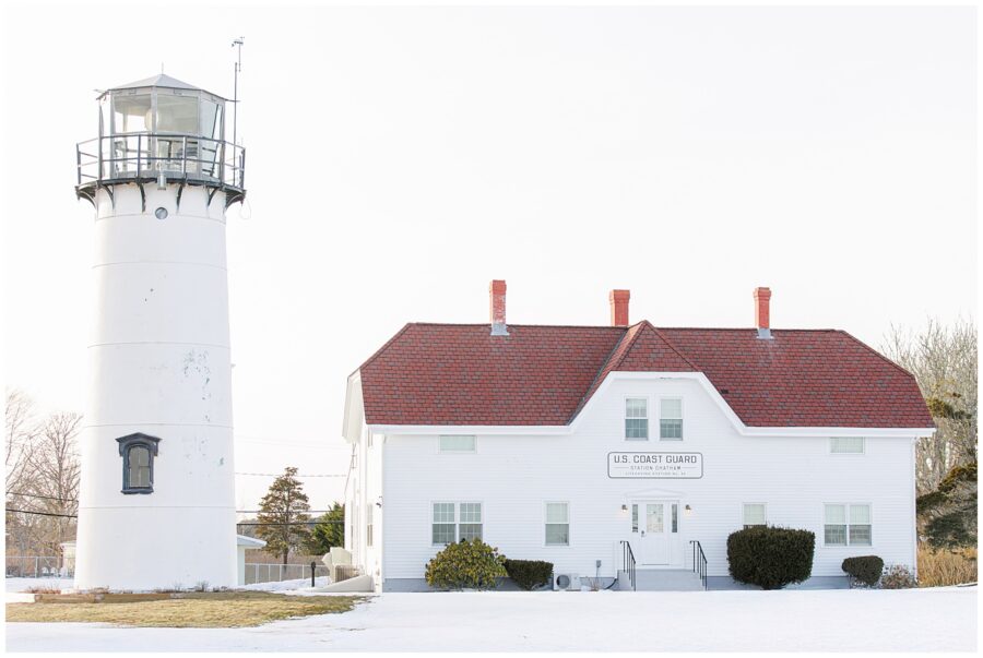Chatham Lighthouse Beach proposal setting at Chatham Lighthouse Beach in Chatham, MA on Cape Cod, featuring the historic white lighthouse and Coast Guard station in soft winter light.