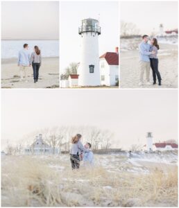 Collage of moments from a Chatham Lighthouse Beach proposal at Chatham Lighthouse Beach in Chatham, MA Cape Cod, photographed by a Cape Cod proposal photographer.