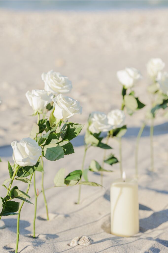 Close up of white roses and candles set in the sand during a Duxbury Beach proposal setup