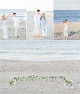 Collage of proposal, celebration, and beach setup from Duxbury Beach proposal