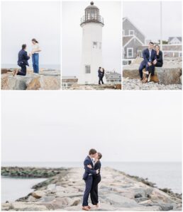 Scituate Lighthouse proposal collage featuring proposal, portraits, and coastal jetty moments in Scituate Massachusetts