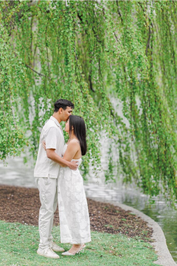     Romantic portrait of couple beneath willow trees along the water in the Boston Public Garden during Beacon Hill engagement photos