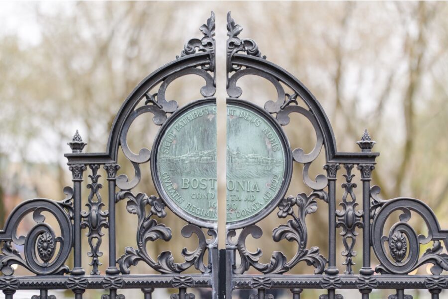     Historic Boston Public Garden gate detail photographed during Beacon Hill engagement photos in Boston