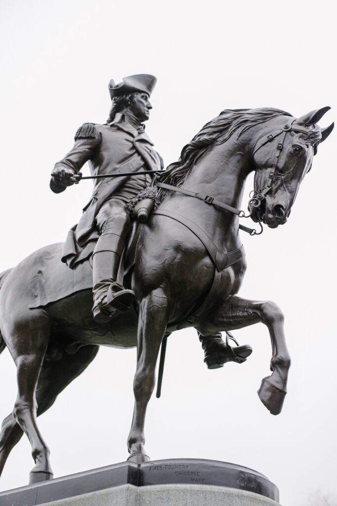     George Washington statue in the Boston Public Garden photographed during a Beacon Hill engagement session