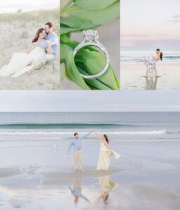 Collage of romantic New Hampshire engagement photos featuring beach portraits, engagement ring details, and Seabrook Beach scenery.