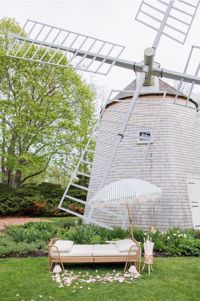 Windmill and garden lounge setup at Heritage Museums & Gardens wedding venue in Sandwich Massachusetts