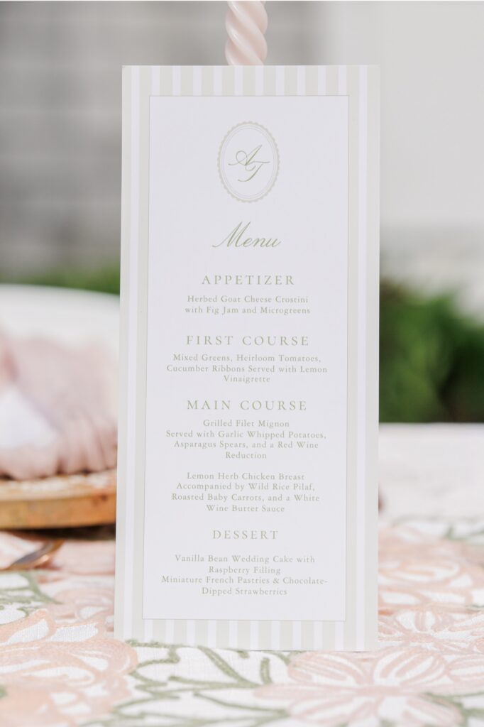 Wedding menu card and reception details photographed during a Heritage Museum and Garden wedding editorial