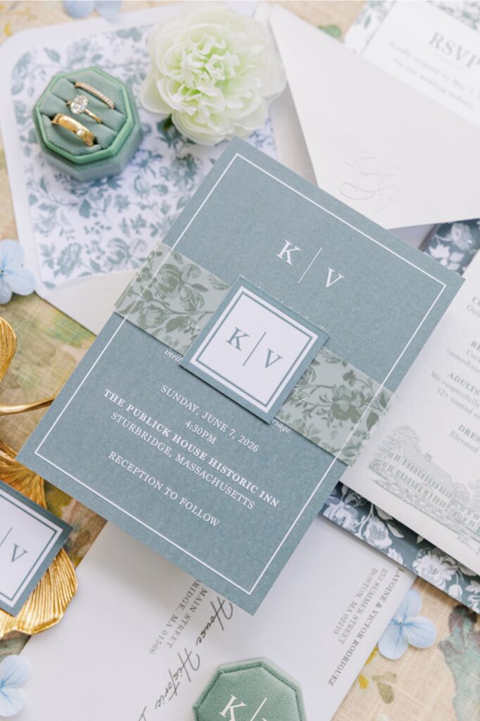 Blue floral invitation suite for a Publick House Historic Inn wedding in Sturbridge.