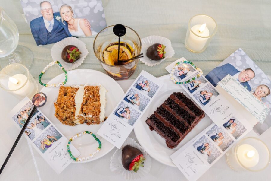 Wedding cake slices, photo booth strips, candles, and personalized bracelets from the reception.
