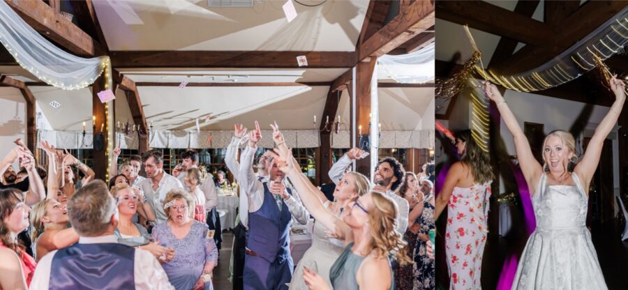 Bride and guests celebrate on the dance floor beneath the lights in Paige Hall.