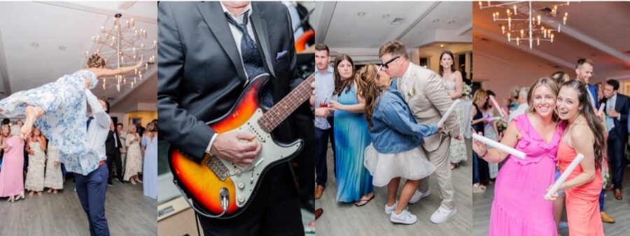 Guests celebrate on the dance floor with energetic moments including a lively dance lift, live guitar performance, warm embraces, and glow sticks during the wedding reception at Wychmere. The collage captures the joyful atmosphere of the Cape Cod wedding celebration.