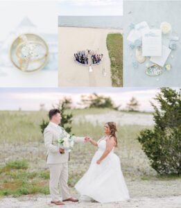 A collage highlights details from the Cape Cod wedding day including the wedding rings, an aerial view of the beach ceremony at Wychmere, coastal inspired invitation suite, and the bride and groom sharing portraits among the seaside dunes. The collection showcases both the waterfront setting and thoughtful wedding details.