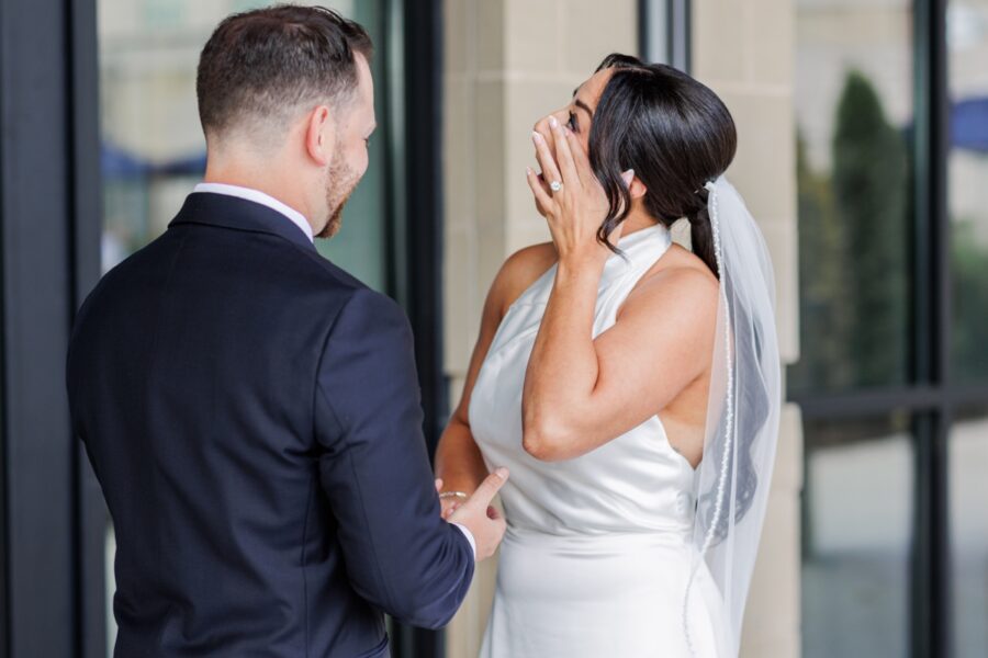 Close-up of the bride and groom together during their wedding portraits.