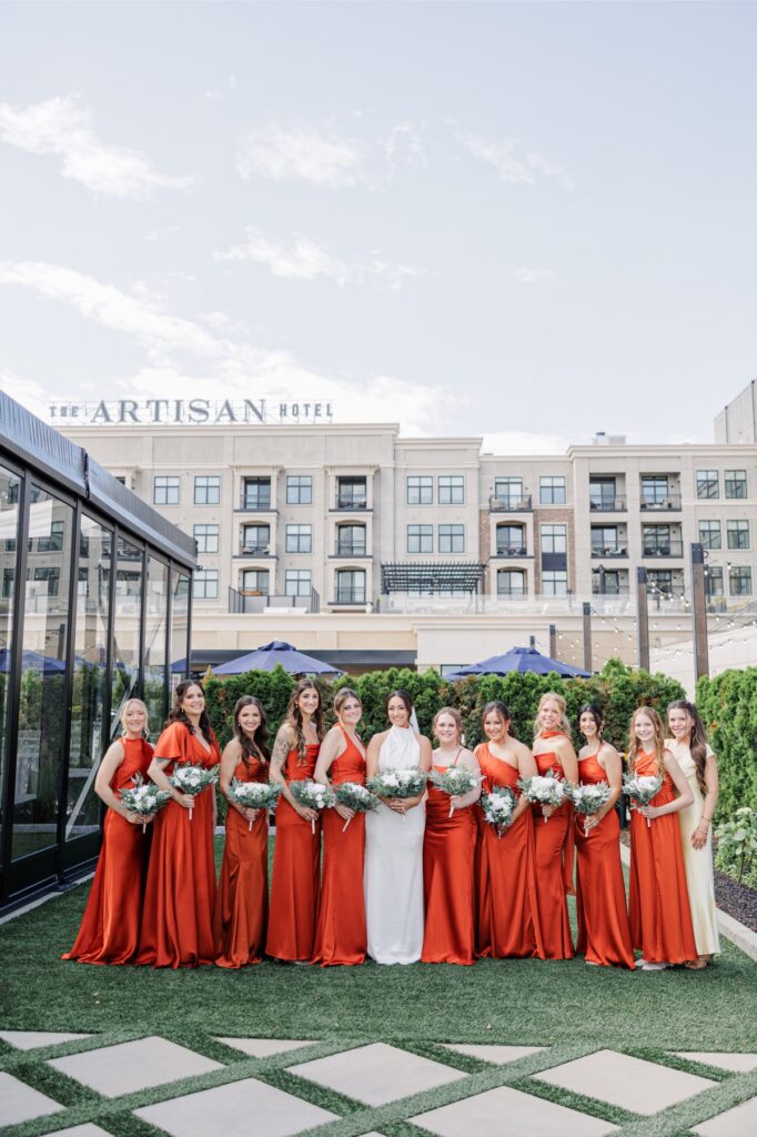 Exterior view of The Artisan Hotel at Tuscan Village on the bride and groom's wedding day.