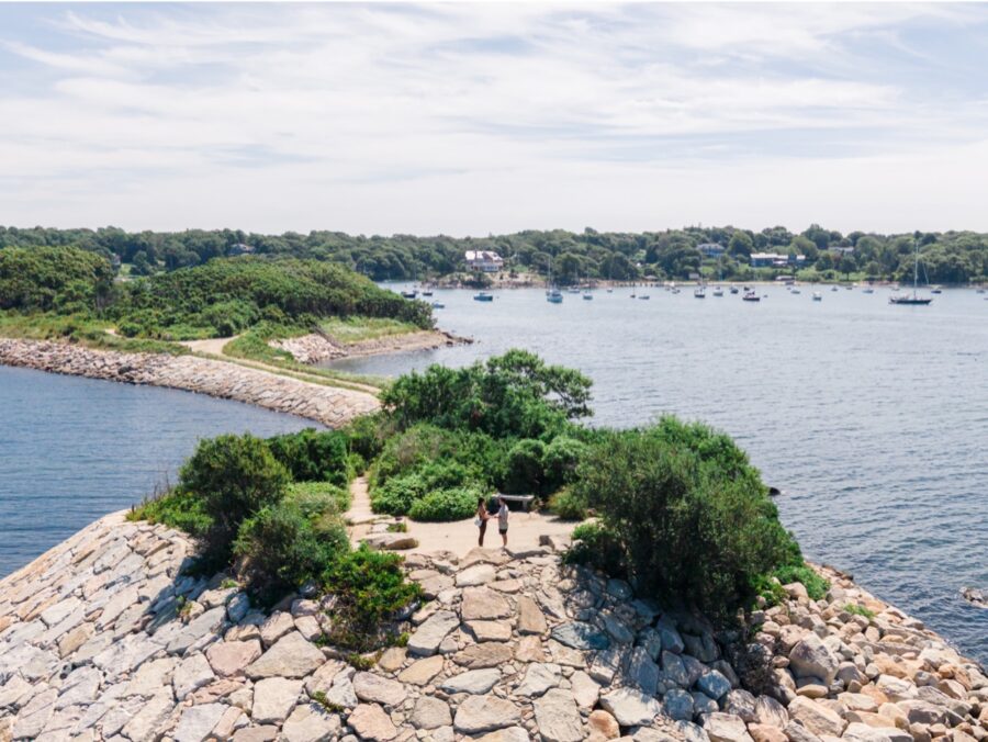 Aerial view of a couple during their proposal at The Knob in Falmouth.