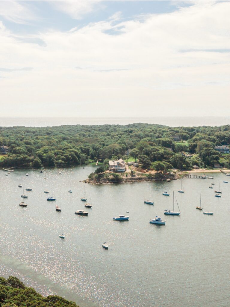 Aerial view of sailboats and the harbor near The Knob in Woods Hole.