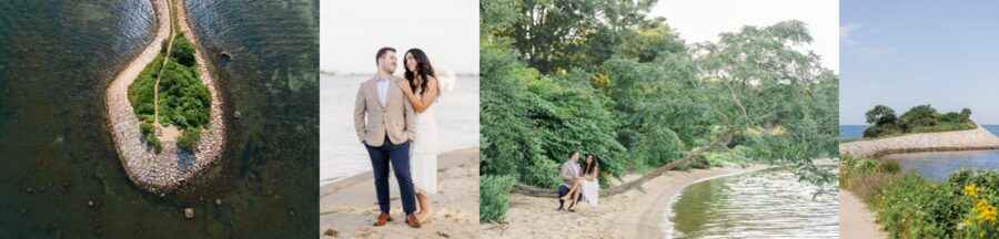 Collage featuring The Knob and private beach engagement photos in Falmouth, Cape Cod.
