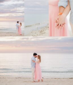 Collage of Amy and Joe's Mayflower Beach engagement photos, including their ring and sunset portraits.