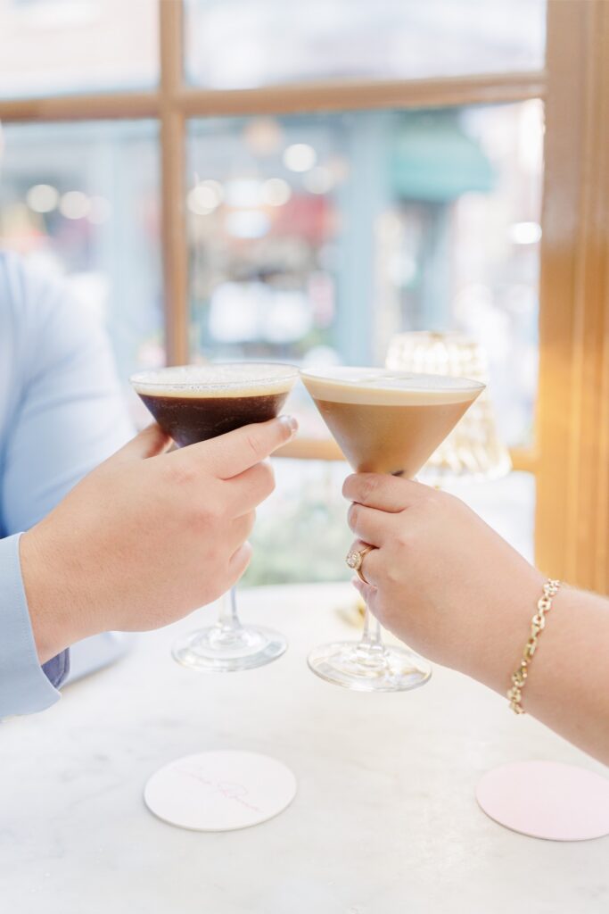 The engaged couple toasting espresso martinis inside Ciao Roma in Boston’s North End