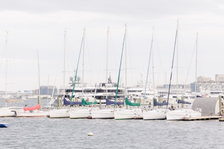 Sailboats in Boston Harbor photographed during a Boston engagement photographer session