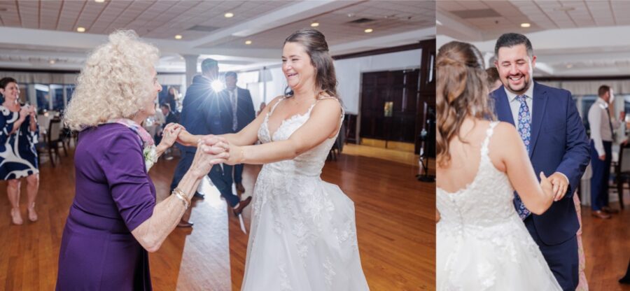 Two-photo collage of the bride dancing with a guest and with the groom at the Salem Country Club wedding reception.