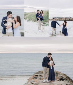 Cape Cod engagement photos of a couple and their dog at Old Silver Beach.